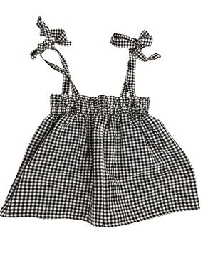 Gingham Tie-Shoulder Smocked Top in Black & White
